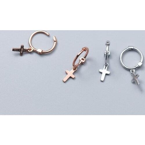 Very Tinny Small 5mm CROSS Hoop Huggie earrings dangle 100% Real. Sterling Silver 925 Fine Jewelry gtle2128