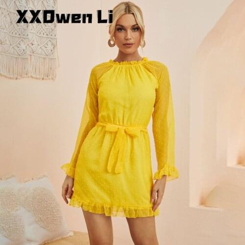 Autumn Chiffon Yellow Jacquard Double Layer Mini Dress For Women Sexy Off Shoulder Lace Up Ruffled Ladies Party Short Dresses