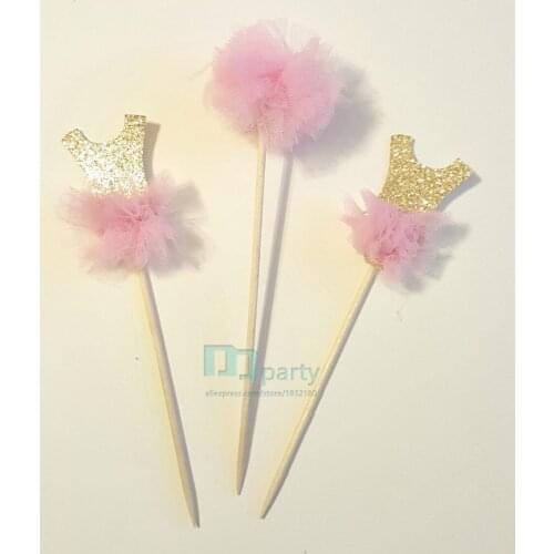 Lot of 3 toppers for anniversary dancer - Golden glitter and pink tulle - 2 dancers + 1 Pompom in tulle