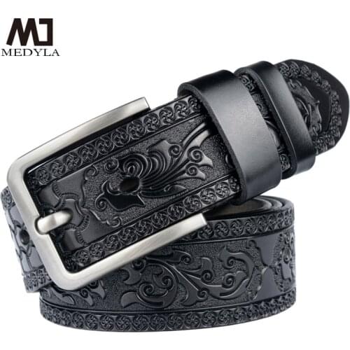 MEDYLA Mens Genuine Leather Belt Personalized Carving Technology Men Fashion Jeans Pants Belt SM919