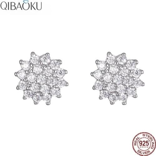 Real 925 Sterling Silver Stud Earrings White Zircon Flower Fine Jewelry Fashion Luxury Earring for Women Gift