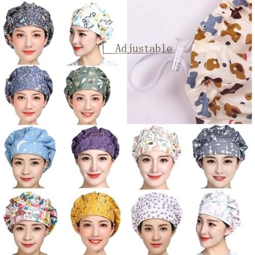 Bouffant Scrub Caps Women Cartoon Flower Printed Cotton Sweatband Hats Washable Adjustable Nuring Caps Working Hats Accessories