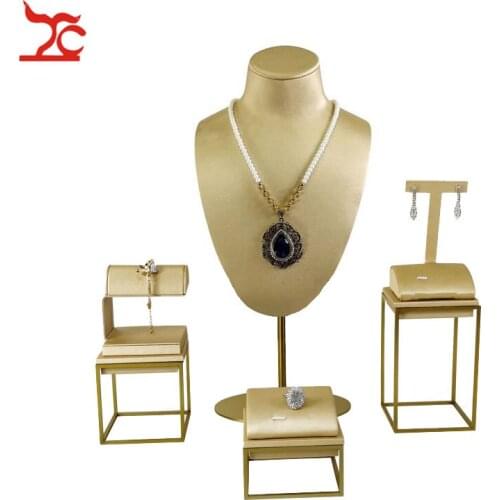 New Gold Stainless Steel Window Showcase Luxury PU Ring Earring Bracelet Watch Necklace Bust Jewelry Display Organizer Stand Kit