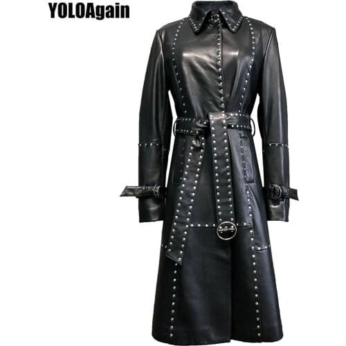 YOLOAgain high quality women geunine leather jacket ladies rivet long leather trench coat