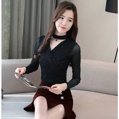 2019 new autumn and winter plus velvet thick v-neck bottoming shirt female long-sleeved Slim wild mesh shirt A128