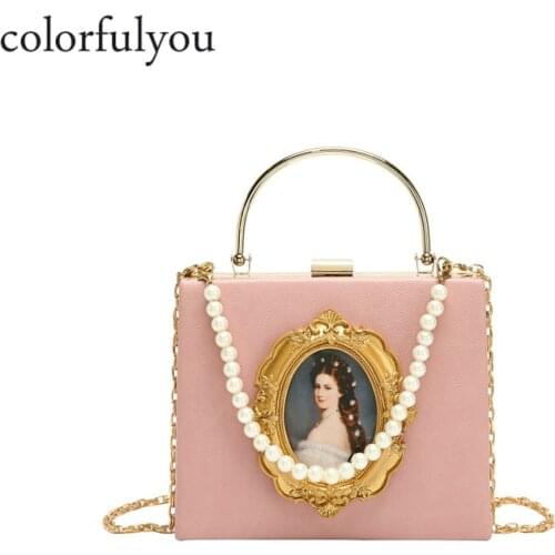 PU leather tote bag for women pearl chain messenger bag oil painting Princess Sissi handbag 2019 new fashion small square bag