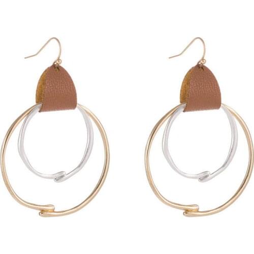 E7012 ZWPON Handwork Weld Two Tone Double Circle Earrings For Women Leather Geometric Round Earrings Jewelry Wholesale