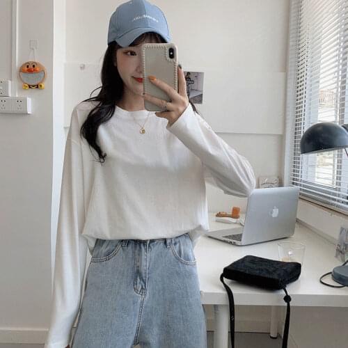 Woman Tshirts Pure Cotton Autumn and Winter Long Sleeve T-shirt Womens Loose round Neck Pure White Ropa Mujer Camisetas