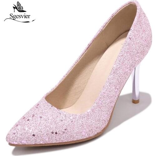 SGESVIER 2018 Spring Summer Pumps Shoes Woman Slip On Thin High Heel Pumps Pointed Toe Pink Wedding Shoes Lady Plus Size OX287
