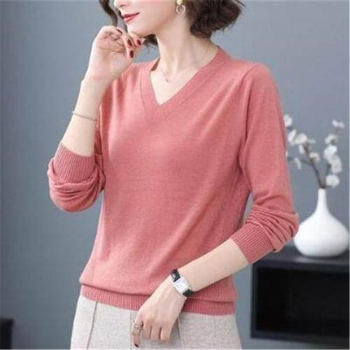 2021 Autumn Spring Ladies Blue Pullovers Thin Casual Cotton Wool New Tops V-Neck Long Sleeve Women Sweaters Solid Color Knitting