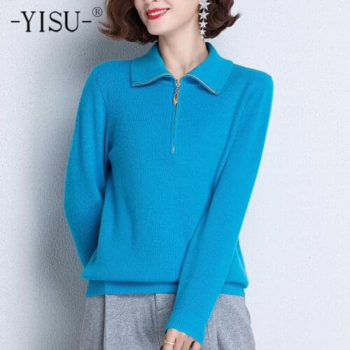 YISU 2021 Women Spring Sweater Jumper Solid color Lapel zipper Spring tops Long sleeves Tops Female Casual Knitted pullover