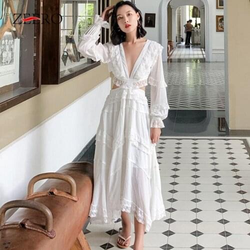 Runway Designer Women Bandage Backless White Asymmetrical Dress Female Sexy V-Neck Lace Ruffles Elegant Beach Party Long Dresses