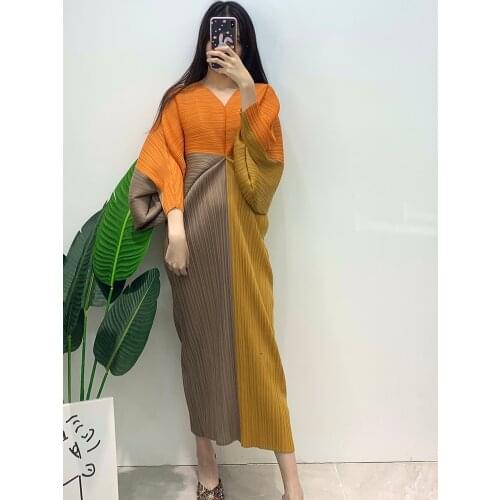 2021 spring summer new pleated dress for women loose bat sleeve waist slim long V-neck dress Korean aesthetic designer clothes
