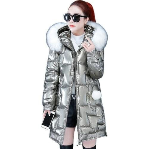 Winter Shiny Mid-length Cotton Coat Women 2022 New Thick Padded Jacket Hooded Fur Collar Jackets Loose Bread Overcoat JD1746