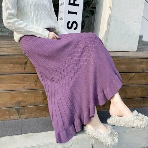 Winter Cashere Blend Solid Purple Beige A-line Long Knit Skirts Rib Cross Line Rib Knitted Flounced Hem Calf Long Skirts