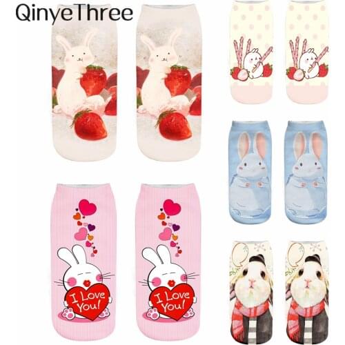 1 Pair New 3D Print Cute Happy Funny Bunny Daily Life Socks Fashion Unisex Creative Strawberry Cake Rabbit Short Ankle Sokken