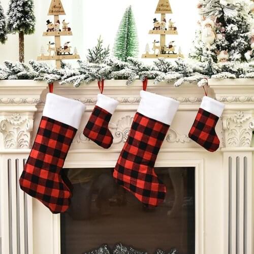 1pc 45/20cm Red Black Plaid Christmas Stockings Christmas Tree Hanging Socks Gift Candy Bag Xmas Party Home Navidad Decoration