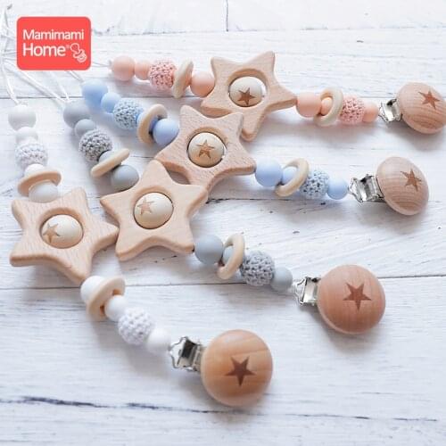 Mamihome 1pc Baby Pacifier Chain Silicone Beads Food Grade Wooden Teether Star Pacifier Clips Crochet Beads ChildrenS Goods Toy