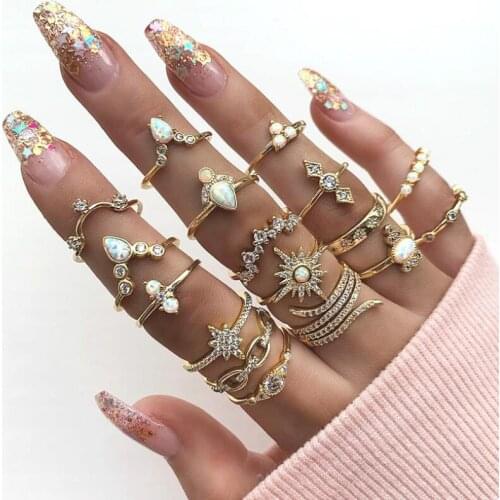 17 Pcs/set Ladies Fashion Octagon Star Drops Geometric Crown Crystal Gold Finger Ring Set Charm Party Wedding Jewelry Gift hot