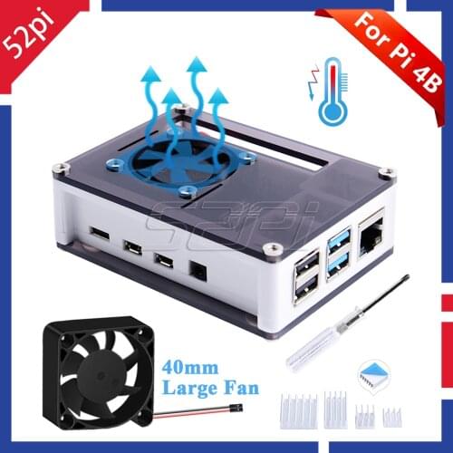52Pi ABS Plastic Blue & Transparent / Dark Brown & White Case with Large Cooling Fan 40*40*10 Heat Sink for Raspberry Pi 4 B