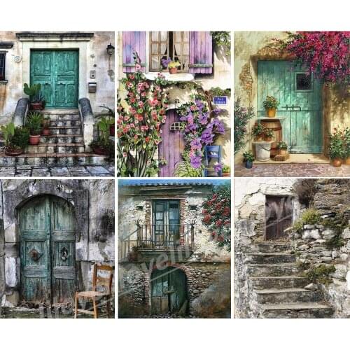 5D DIY Diamond embroidery Cross stitch Blue door and flowers Full Square/Round Diamond mosaic Diamond painting decoration FG1555