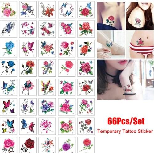 66 Sheet Fake Tattoos Back Tattoos Stickers For Women Girls Flower Body Art Temporary Tattoos Butterfly Floral Reindeer Letter