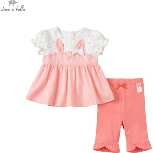 DBJ17836 dave bella summer baby girls cute bow cartoon print clothing sets kids fashion short sleeve sets children 2 pcs suit
