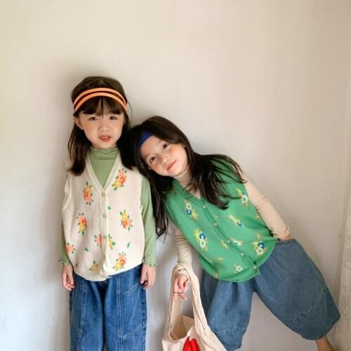 Childrens Vest Autumn 2021 New Girls' Cute Printed Knitted Sweater Vest Childrens Casual Korean Vest Sweater Vest
