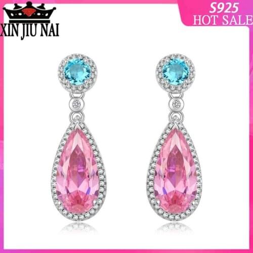Tide Pink Water Drop 925 Sterling Silver Pin Long Earring Earring Temperament Wild Earrings