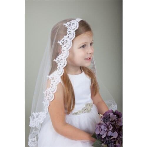 2020 New White Ivory Kids Girls First communion Veils Tulle Bow Appliques Fingertip Wedding Flower Girl veil Voile Mariage Fille