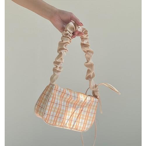 Plaid Fold Drawstring Handbag for Women 2021 New Girls Cute Nylon Small Shoulder Underarm Bag Retro Design Ladies Messenger Bags