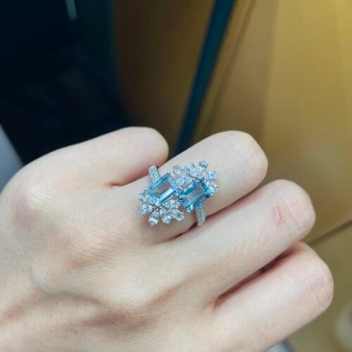 J623 Aquamarine Ring Fine Jewelry Pure 18K Gold Natural Blue Aquamarine Gemstones Fine Rings
