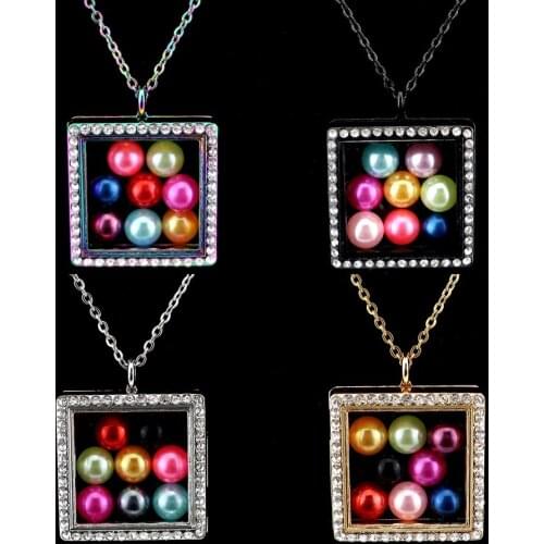 Square Magnetic Glass Necklace for 8mm Beads Pearl Floating Charms Locket Pendant Memory Photo 50cm Chain Necklace