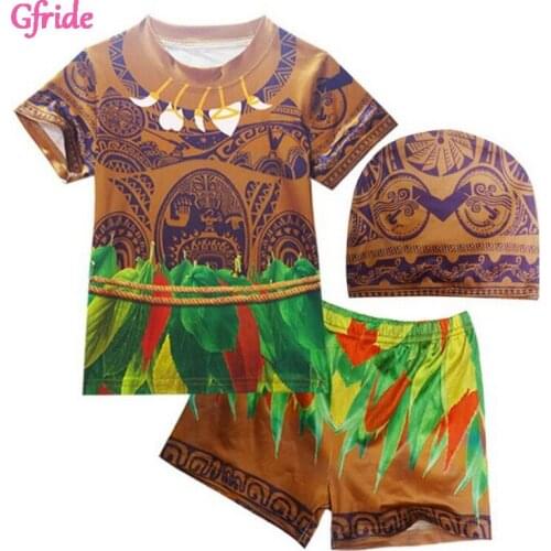 Boys Cosplay Moana Maui Swimwear Costume Kids Beachwear Children Swimsuit Swimming Cartoon Bathing Suit T Shirts Pants Hat Sets