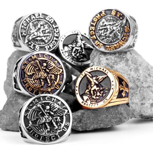 316L Stainless Steel St-Michael Men Rings Good Lucky Talisman Religious Personality Biker Ring for Men Boy Fashion Jewelry Gift