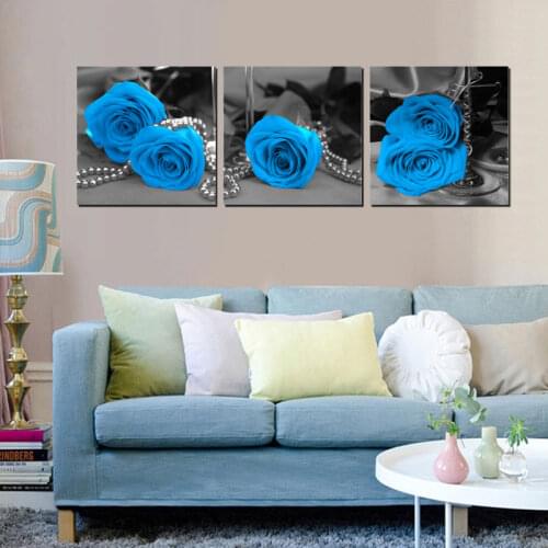 Framed Wall Art Home Decor Canvas Painting Blue Rose Wall Pictures for Living Room Flower Canvas Prints Poster 3 Piece Art HY167
