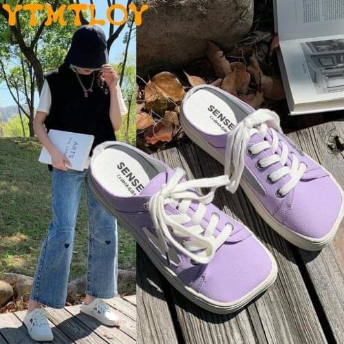 2021 spring and autumn new womens canvas half slippers, all-match classic outer wear lazy soft bottom square toe super spicy Ko