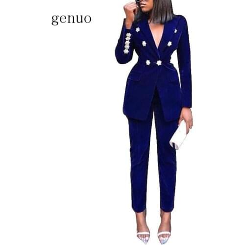New Winter Ladies Suit Dark Blue Long-Sleeved Jacket And Pants 2 Pieces Two-Piece Deep V-Neck Crystal Diamond Buckle Set