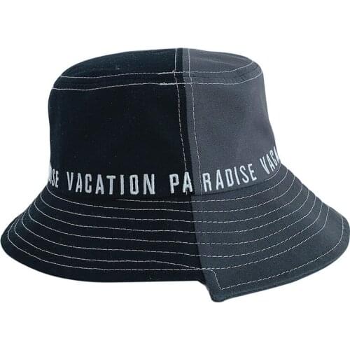 Woman PatchWork Bucket Hat Fisherman Hat Wild Two-color Stitching Net Sun Protection UV Visor Cap Big Brim Embroidery Letters