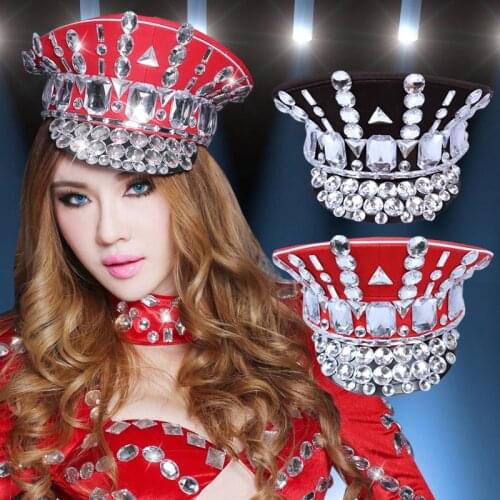 2017 Direct Selling Winter Military Hats Gorras New Dance Night Bar Ds Costume Accessories Rhinestone Hat Uniform Big Cover