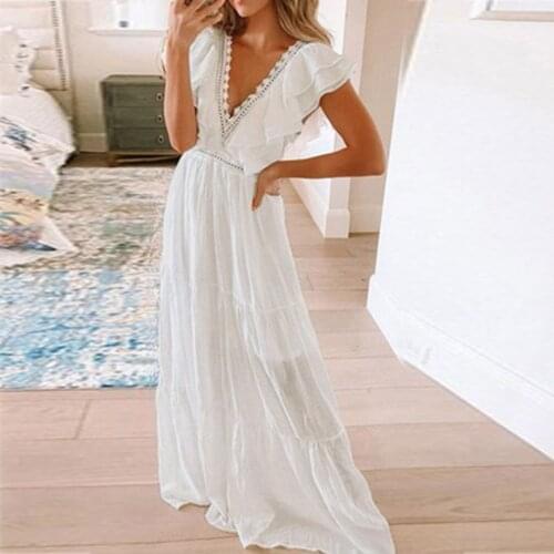Sexy Maxi Dresses For Women Lace White Dresses Butterfly Sleeve Elegant Dress V Neck Long Cocktail Prom Gown Party Dress Robe