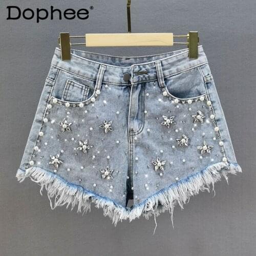 Summer Denim Shorts Women High Waist Loose Slimming Beads Diamond Raw Edge Short Jeans A- Line Wide Leg Biker Shorts Hot Pants