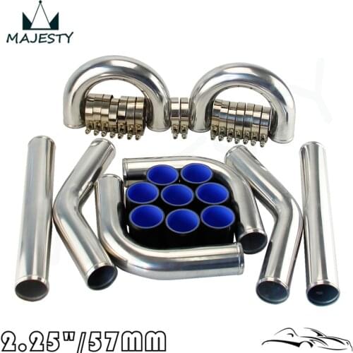 TURBO INTERCOOLER PIPE 2.25" CHROME ALUMINUM PIPING PIPE TUBE+T-CLAMPS+BLACK SILICONE HOSES