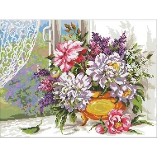 Peony vase in front of the window Counted Cross Stitch 11CT 14CT 18CT DIY Chinese Cross Stitch Kits Embroidery Needlework Sets