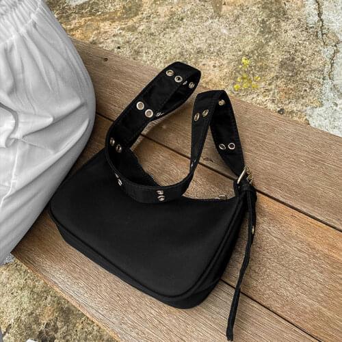 Vintage Design Women Buckle Nylon Shoulder Messenger Bags Fashion Female Solid Color Baguette Handbags Ladies Girls Underarm Bag