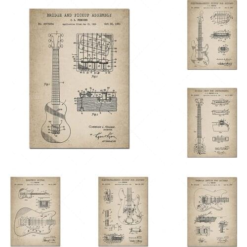 Guitar patent printing. Gift for the guitarist. The room decoration of the guitar teacher. 6 sets of retro guitar poster wall ar