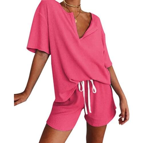 Womens Pajamas Summer Short-Sleeved Shorts Sleepwear Solid Color V-Neck Fashionable Temperament Loose Comfortable Homewear
