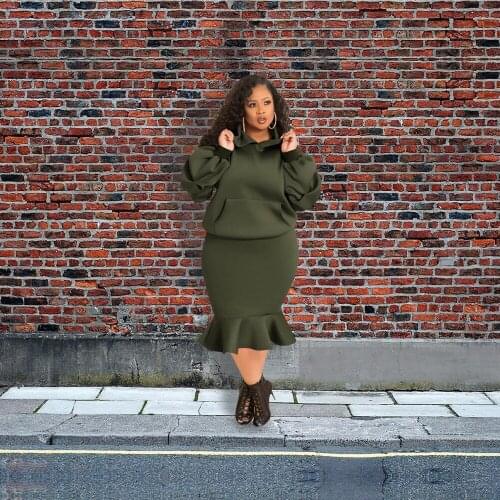 ZJFZML ZZ Women Clothing Two Piece Set Plus Size Hooded Long Sleeve Hoodies and Ruffle Mermaid Midi Skirt Dropshipping Wholesale