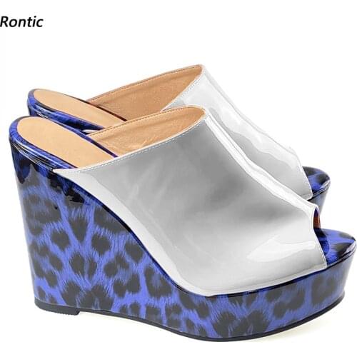 Rontic 2021 Women Platform Slingback Sandals Glossy Leopard Wedges Heels Open Toe Pretty Blue Black Red Dress Shoes Us Size 5-20