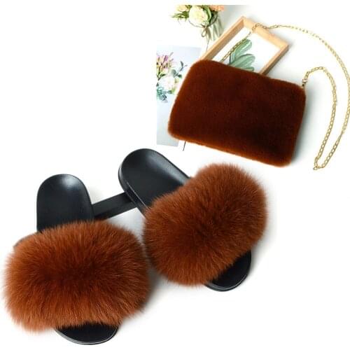 Womens New Plush Fox Fur Slides Square Chain Fake Fur Bags Ladies Furry Briefcase File Purse Female Fox Hair Home Slippers